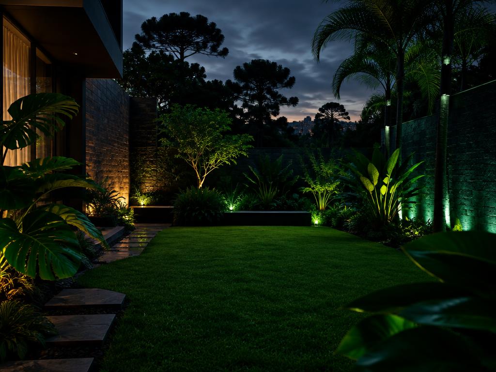 Jardim residencial moderno iluminado ao anoitecer